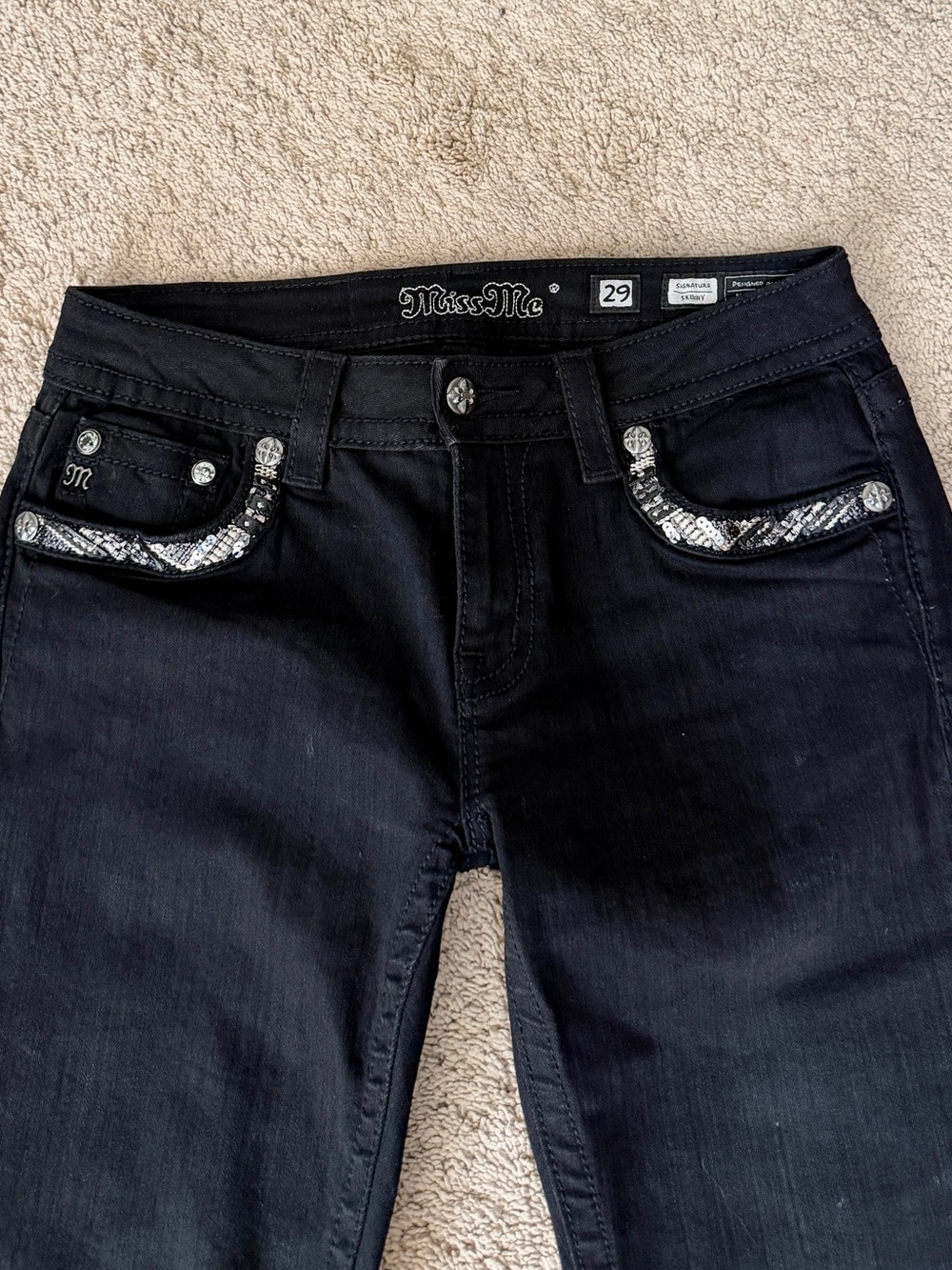 Womens Miss Me Jeans Size 29 X 30 Skinny Y2K Black Rhinestone Embellished Sequin - Picture 10 of 10